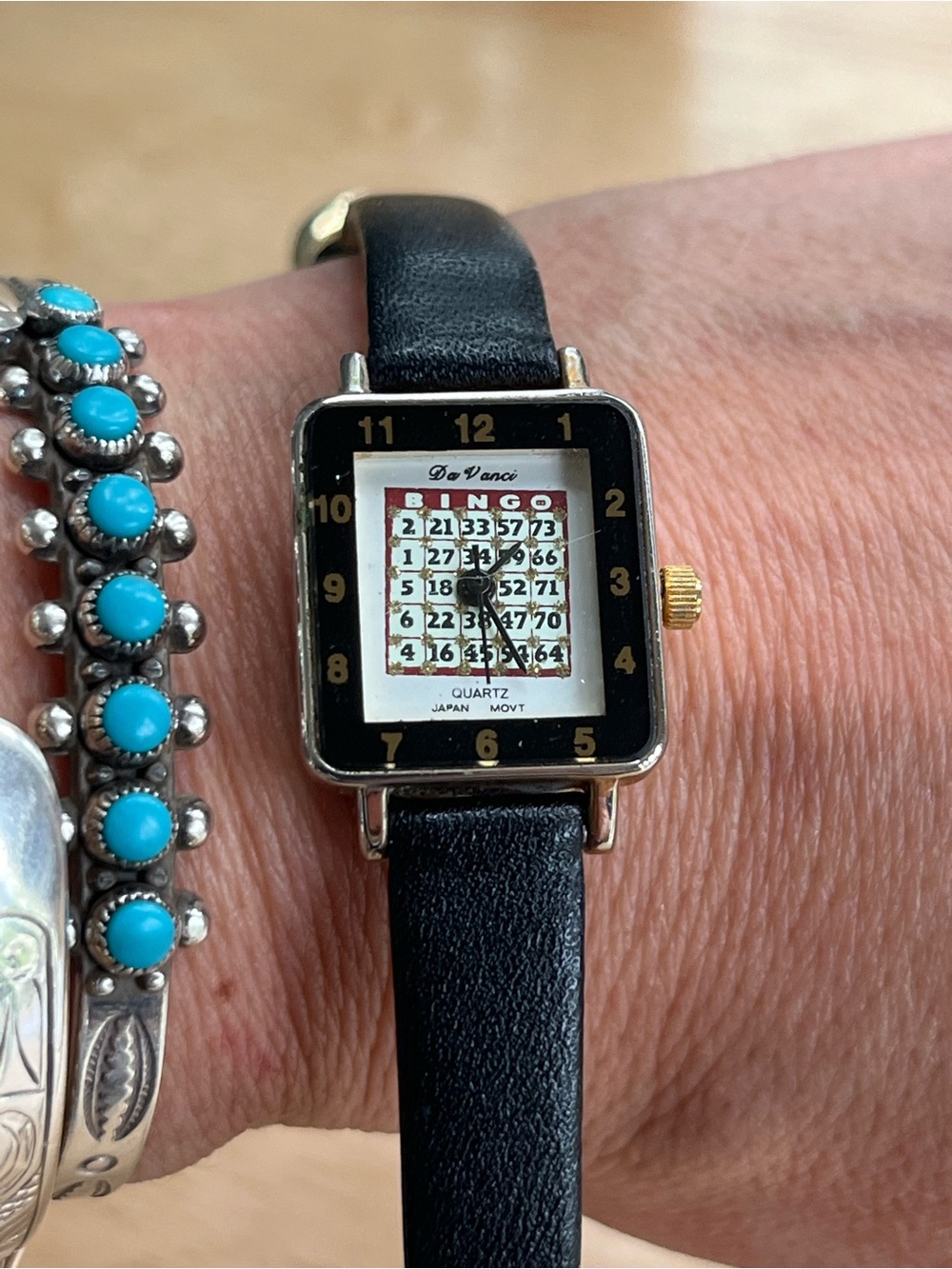 DaVinci Black Dial Leather Strap Quartz Watch with Gold Accents Needs battery.